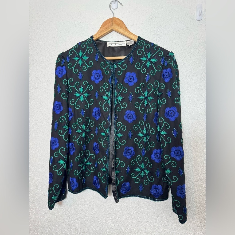 Scala Women's 100% silk embroidered beaded jacket Size M fairy goth whimsy